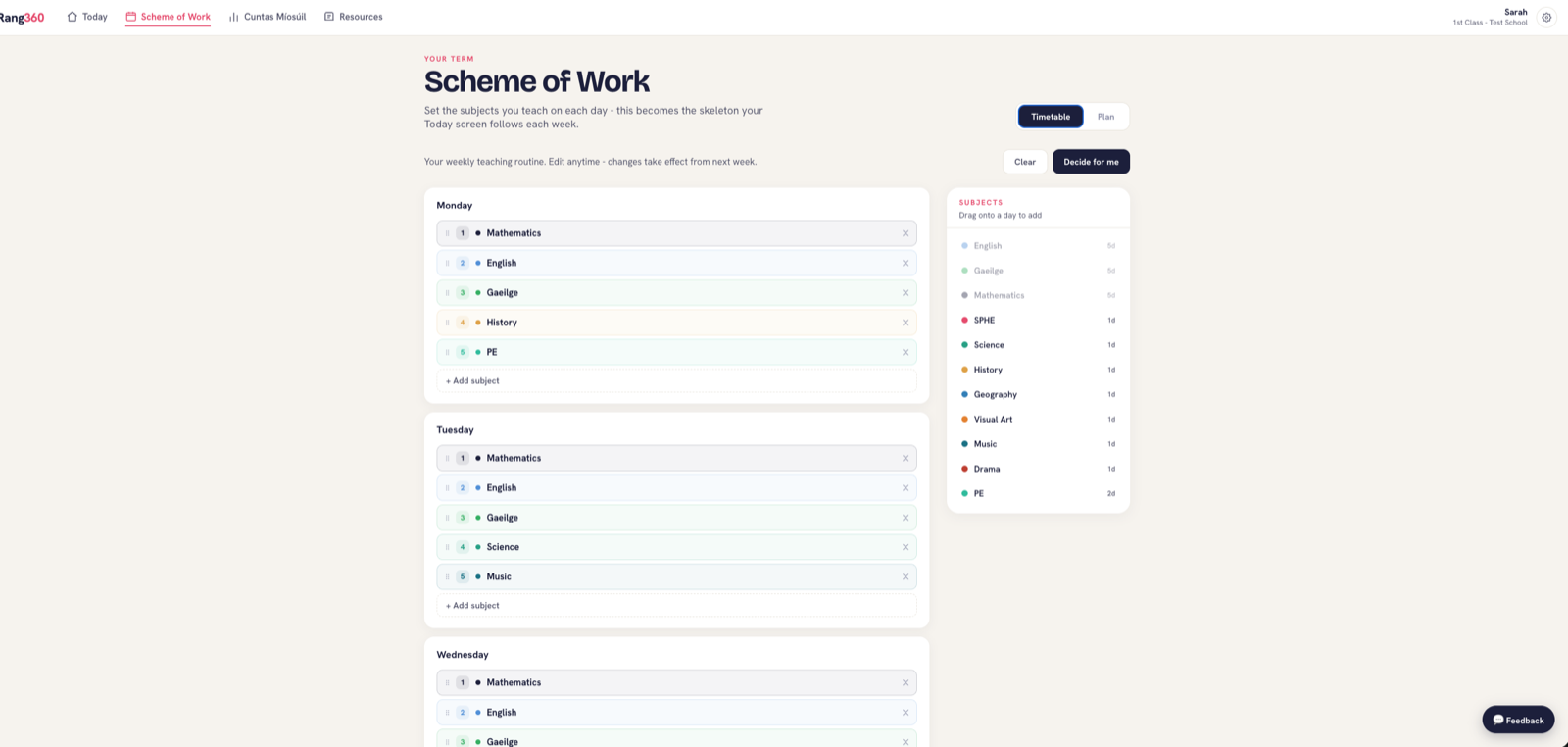 The Rang360 Scheme of Work screen, showing subjects arranged across Monday, Tuesday and Wednesday with a subject list to drag from