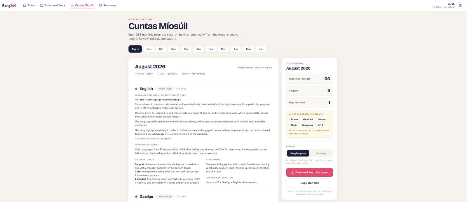 The Rang360 Cuntas Míosúil screen for August, showing English outcomes and activities beside a panel of subjects not yet recorded and a Download Word document button